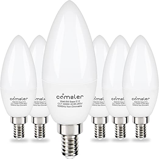 Photo 1 of Type B Small Light Bulb, Comzler Candelabra LED Light Bulb E12 Small Base 4000K Neutral White - 60watt Equivalent,600LM,Non-Dimmable Candelabra Bulbs, Pack of 6, Non-Dimmable
