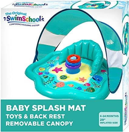 Photo 1 of SwimSchool Baby Splash Play Mat with Adjustable Canopy – Inflatable Play Pool for Babies & Infants with Backrest – Includes Baby Water Toy Rings
