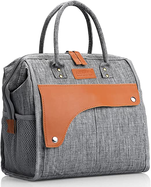 Photo 1 of Adult Lunch Bags for Women Work Insulated Lunch Box Reusable Waterproof Large Cooler Tote Bag for Girl (gray/Orange Leather clamshell)
