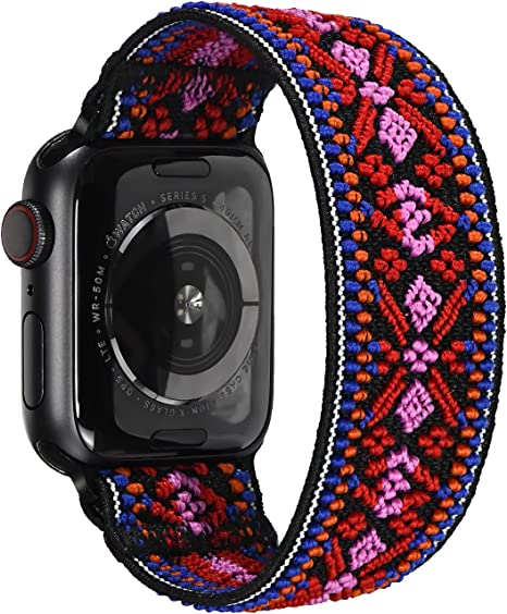 Photo 1 of Tefeca Red Embroidery Ethnic Pattern Elastic Compatible/Replacement Band for Apple Watch 7.5"-8"