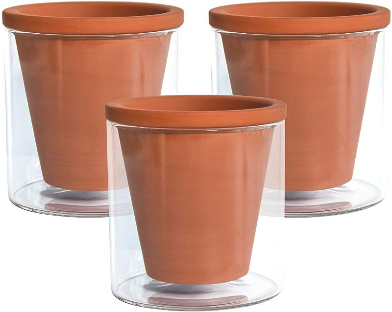 Photo 1 of 4 Inch Small Design Self Watering Pot for Indoor Plants, Terracotta Planter with Cylinder Glass Cup, Set of 3, , 372-A-3
