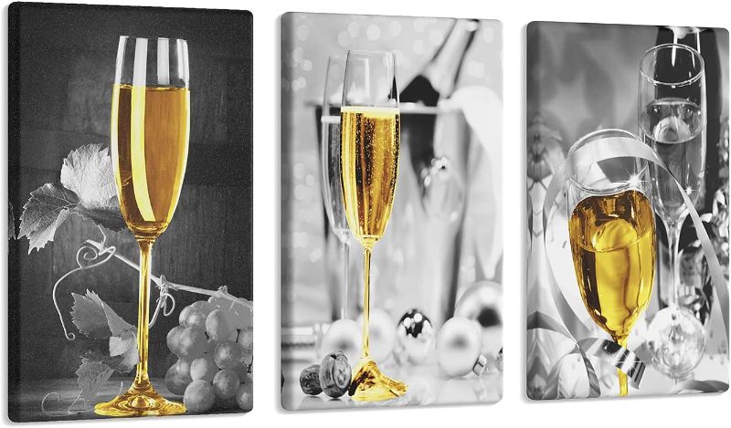 Photo 1 of bocassis 3 Pcs Wine Canvas Wall Art for Kitchen Decor Gray Gold Champagne Wine Paintings Pictures with Wood Inner Frame for Dining Room Yellow Kitchen Decor and Accessories (B, 8X12Inchx3Pcs)
