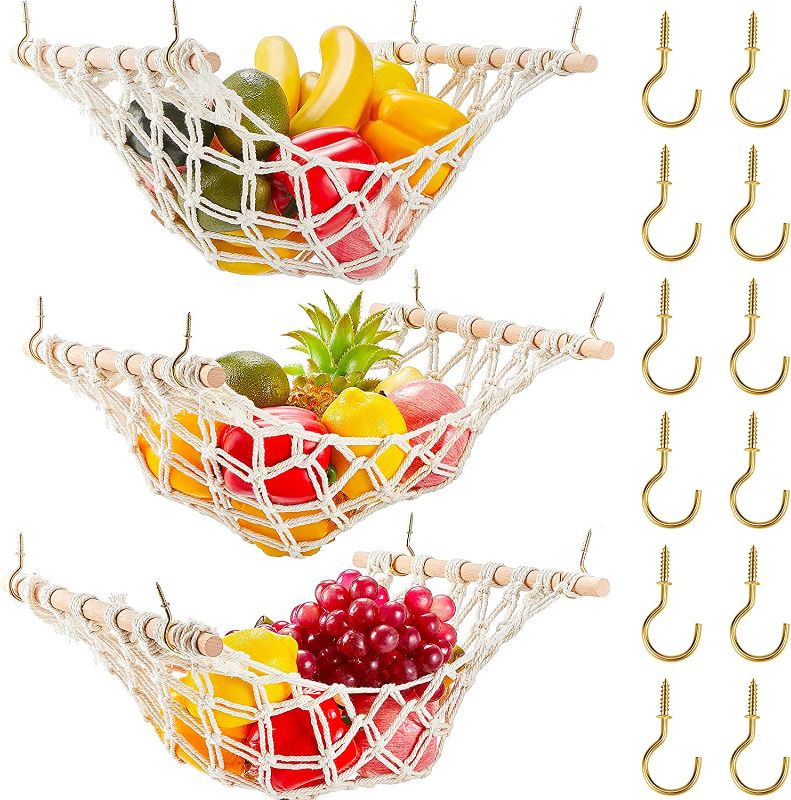 Photo 1 of 3 Pieces Macrame Fruit Hammock Under Cabinet Macrame Fruit Basket Produce Storage Hammock with Hook Fruit and Vegetable Hammock Boho Kitchen Storage Hammock for Kitchen Counter Space Saving Tools
