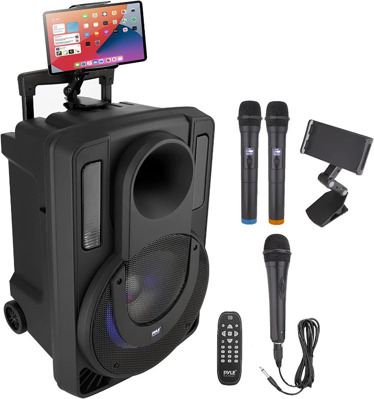 Photo 1 of 10’’ Portable PA Speaker System - Wireless BT Streaming PA & Karaoke Party Audio Speaker, Two Wireless Mic, Wired Microphone, Tablet Stand, Flashing Party Lights, MP3/USB//FM R.

