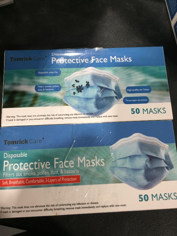 Photo 2 of 2 PACK TOMRICKCARE ADULT FACE MASKS DISPOSABLE 50 PCS,3 PLY - BLUE
