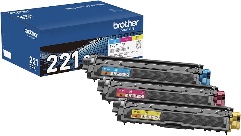 Photo 1 of Brother Genuine Standard-Yield Toner Cartridge Three Pack TN221 3PK -Includes one Cartridge Each of Cyan, Magenta & Yellow Toner, Standard Yield (TN2213PK), Cyan, Magenta, Yellow