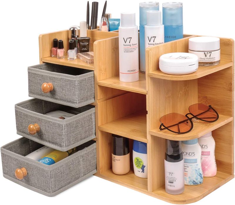 Photo 1 of Bamboo-Makeup-Cosmetic-Storage-Organizer, Multi-Function wood Cosmetic Large Capacity Make up Caddy Shelf Cosmetics Organizer Box, Natural Bamboo