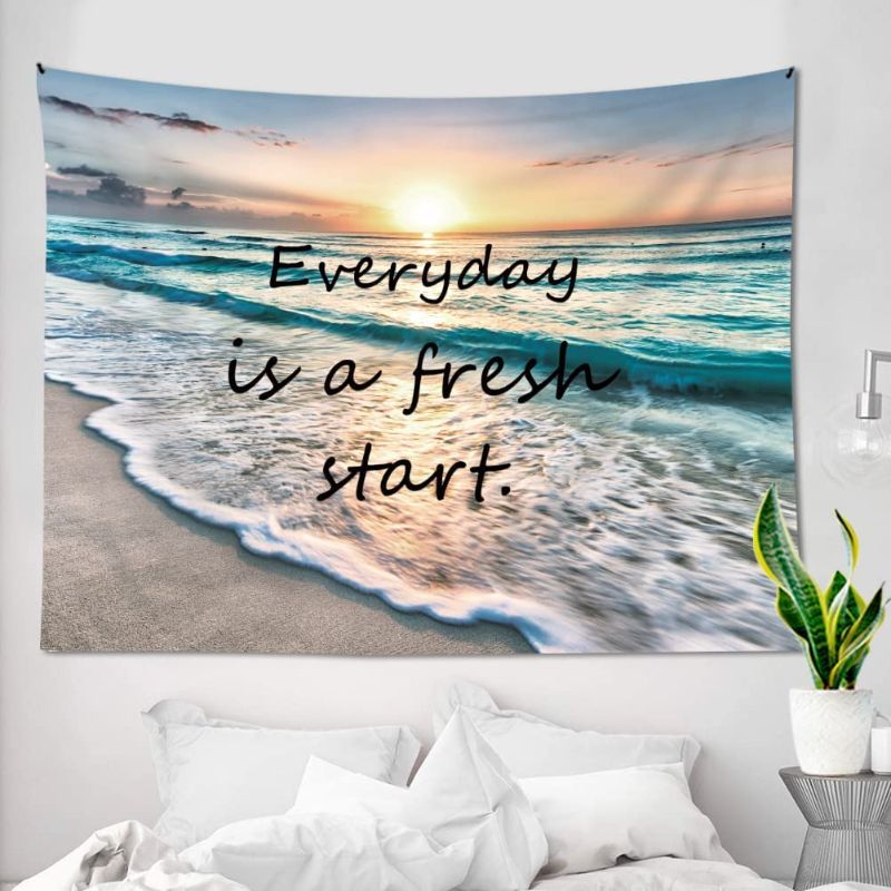 Photo 1 of AMBZEK Ocean Beach Tapestry for Bedroom Small Positive Quotes Wall Decor 59Wx51H Inspirational Wall Art Nature Coastal Sunset Hawaii Landscape Sea Wave Aesthetic Wall Hanging Living Room Dorm Decor
