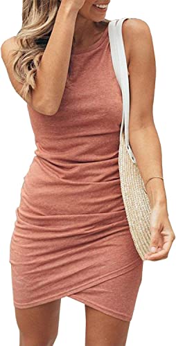 Photo 1 of BTFBM Women Casual Dress Crew Neck Ruched Summer Sleeveless Tank Bodycon Shirt Short Mini Dresses XLARGE
