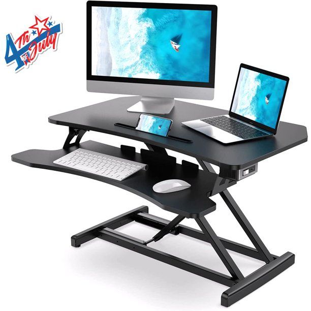 Photo 1 of ABOX Electric Standing Desk, Standing Desk Converter Adjustable Desk Riser with Dual Monitor and Laptop Riser Workstation, Black
