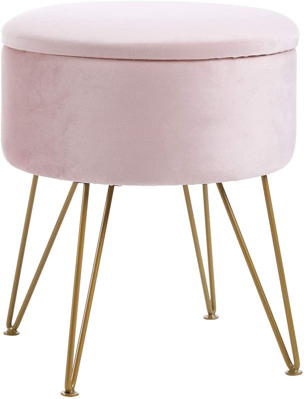 Photo 1 of Apicizon Vanity Chair Stool, Velvet Round Storage Ottoman Footrest with Wood Tray Coffee Table & Golden Metal Leg, Dressing Footrest Stool for Bedroom pink