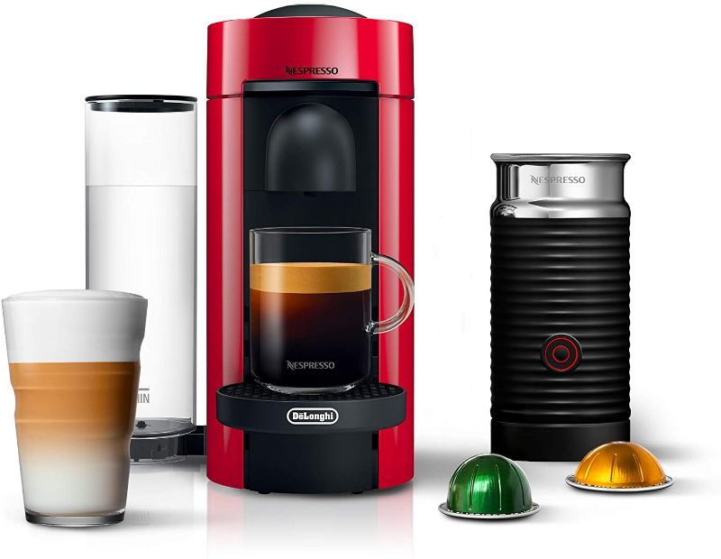 Photo 1 of Nespresso Vertuo Plus Coffee and Espresso Maker by De'Longhi, Cherry Red with Aeroccino Milk Frother
