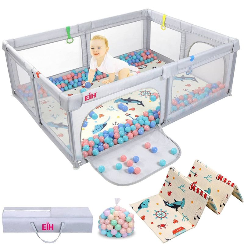 Photo 1 of EIH Baby Playpen, Extra Large Playpen for Toddlers with Crawling Mat & 50PCS Ocean Balls, Portable Playpen for Babies, Indoor & Outdoor Kids Activity Play Yard with Gate, 79in x 59in (Light Grey)
