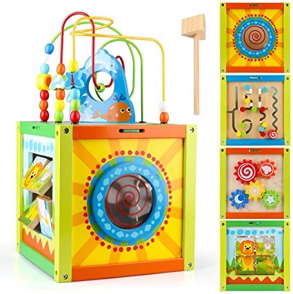 Photo 1 of Wooden Activity Cube Toys for Kids 5 Sided Baby Activity Center with Bead Maze Animal Puzzle Match Drum Gear Set Learning Educational Toys for Toddler Gifts for 12 Month 1st Birthday Girls Boys
