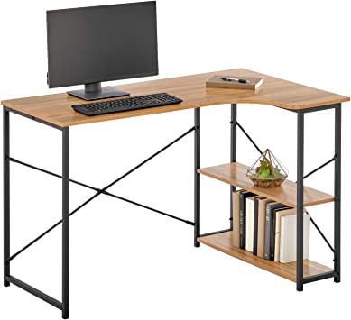 Photo 1 of mDesign Large L-Shape Home Office Corner Desk with Shelves - Space Saving Computer or Writing Desk, Modern Simple Style PC Work Table - Sturdy Black Metal Frame/Nordic Walnut Wood Top
