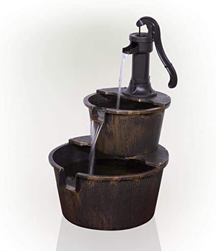 Photo 1 of Alpine Corporation 27" Tall 2-Tier Barrel and Pump Waterfall Fountain, Bronze Finish
