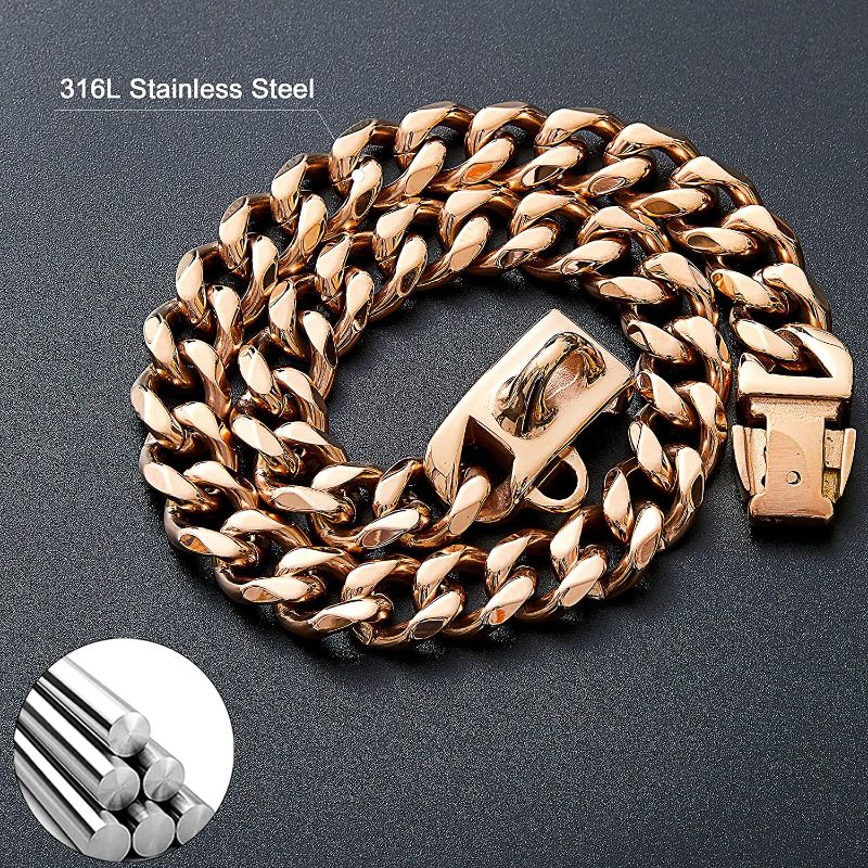 Photo 1 of W/W Lifetime Rose Gold Chain Dog Collar 13mm 18K Gold Cuban Link Dog Collar with Secure Snap Buckle Gold Dog Chain Metal Collar for Small Medium Pitbull (14")
