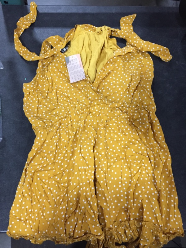 Photo 2 of BTFBM Women V Neck Short Sleeve Polka Dot Floral Pattern A-Line Tie Belt Short Dress with Ruffle Irregular Hem (Yellow, Large)
