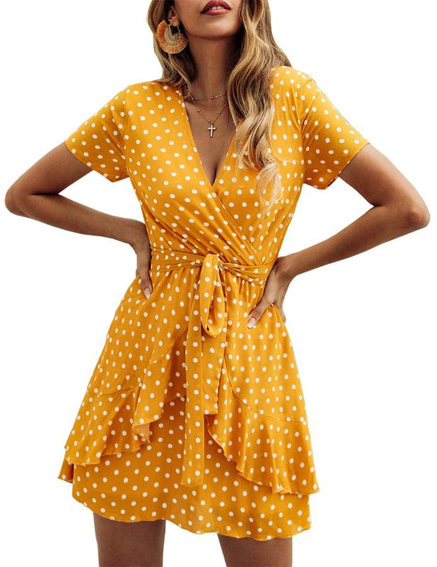 Photo 1 of BTFBM Women V Neck Short Sleeve Polka Dot Floral Pattern A-Line Tie Belt Short Dress with Ruffle Irregular Hem (Yellow, Large)
