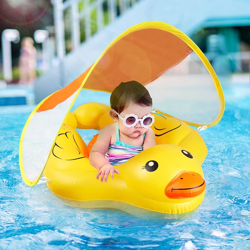 Photo 1 of Yobeway Inflatable Baby Pool Float for Toddlers Infants with Safe Bottom Support, UPF Sun Protection Canopy, Baby Swim Trainer Accessories with Air Pump & 2 Bath Pool Toys for 6-36M.
