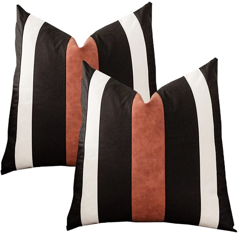 Photo 1 of Vfuty Set of 2 Modern Farmhouse Throw Pillow Covers 18x18, Black White Faux Leather Pillowcases Decorative Boho Cushion Covers for Couch Sofa Bedroom Car
