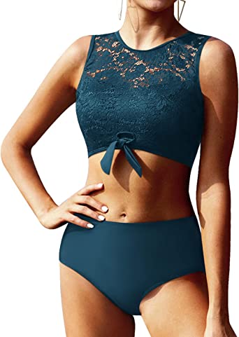 Photo 1 of SIZE LARGE- Tempt Me Women Two Piece Lace Bikini Tie Knot Front High Waisted Swimsuit Padded Bathing Suits with Bottoms
