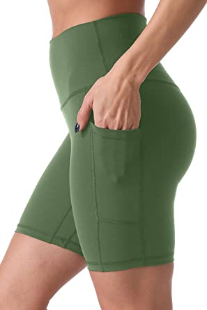 Photo 1 of SIZE LARGE -Sunzel 8" Biker Shorts for Women with Pockets, High Waisted Yoga Workout Shorts OILVE GREEN 
