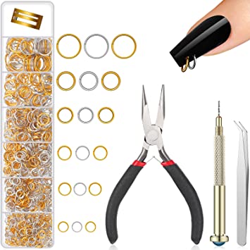 Photo 1 of 1014 Pieces Nail Art Dangle Charm Piercing Tool Hand Drill, Nail Charms 6 Sizes Jump Ring Connector with Jump Ring Open Close Tool Pliers and Tweezers for Jewelry Making (Gold, Silver)
