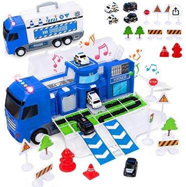 Photo 1 of UNIH Police Car Toys with Play Mat, Police Vehicles Transport Truck Carrier Toy with 4 Car Toys, for Kids, Toys for 3 4 5 6 7 Year Old Boys
