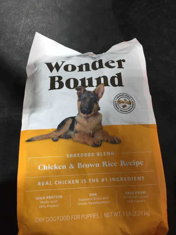 Photo 1 of BEST BY 08/07/2022- Amazon Brand - Wonder Bound High Protein, Dry Puppy Food - Chicken & Brown Rice Recipe, 5 lb bag
