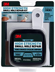 Photo 1 of 3M High Strength Small Hole Repair Kit with 8 fl. oz Spackling Compound, Self-Adhesive Patch, Putty Knife, and Sanding Pad
