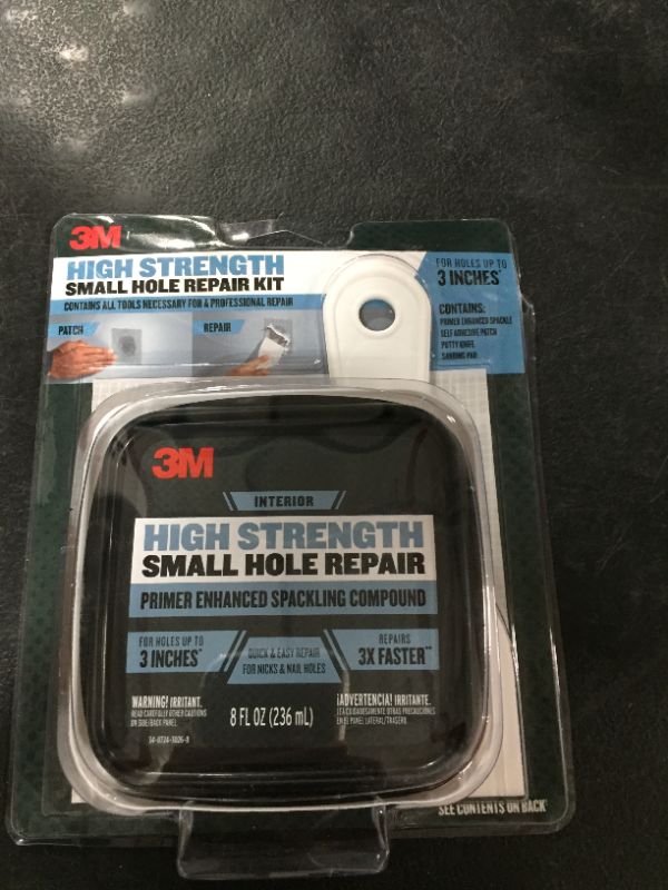 Photo 2 of 3M High Strength Small Hole Repair Kit with 8 fl. oz Spackling Compound, Self-Adhesive Patch, Putty Knife, and Sanding Pad
