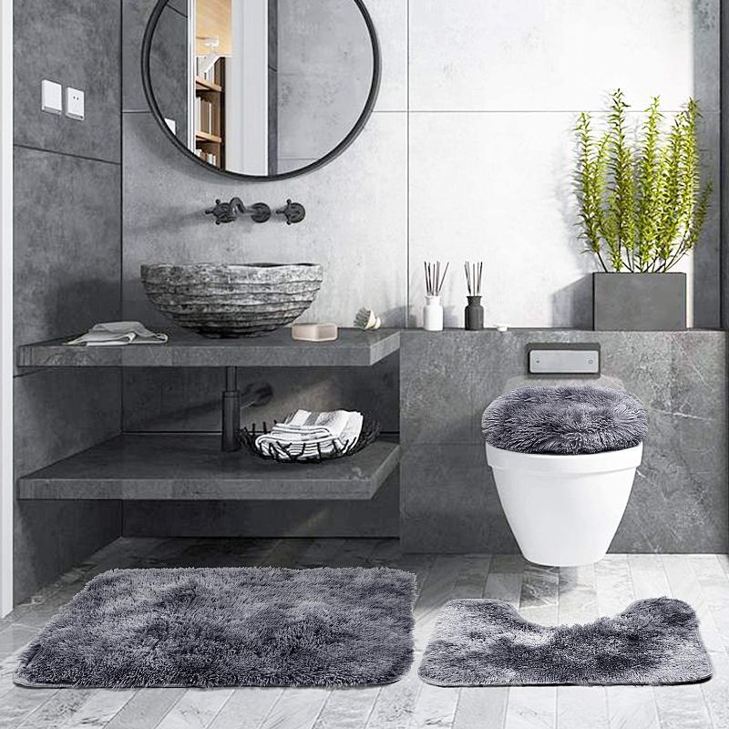 Photo 1 of 3 Piece Thicken 0.4" Bath Rugs Set, Bath Rug + Contour Mat + Toilet Seat Cover, Super Long Soft Microfiber Water Absorbent & Non-Slip Bathroom Rugs with PVC Point Rubber Backing (Grey)
