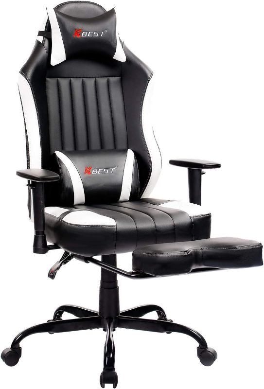 Photo 1 of KBEST Massage Gaming Chair - High Back Racing PC Computer Desk Office Chair Swivel Ergonomic Executive Leather Chair with Adjustable Back Angle, Armrests and Footrest (White)
