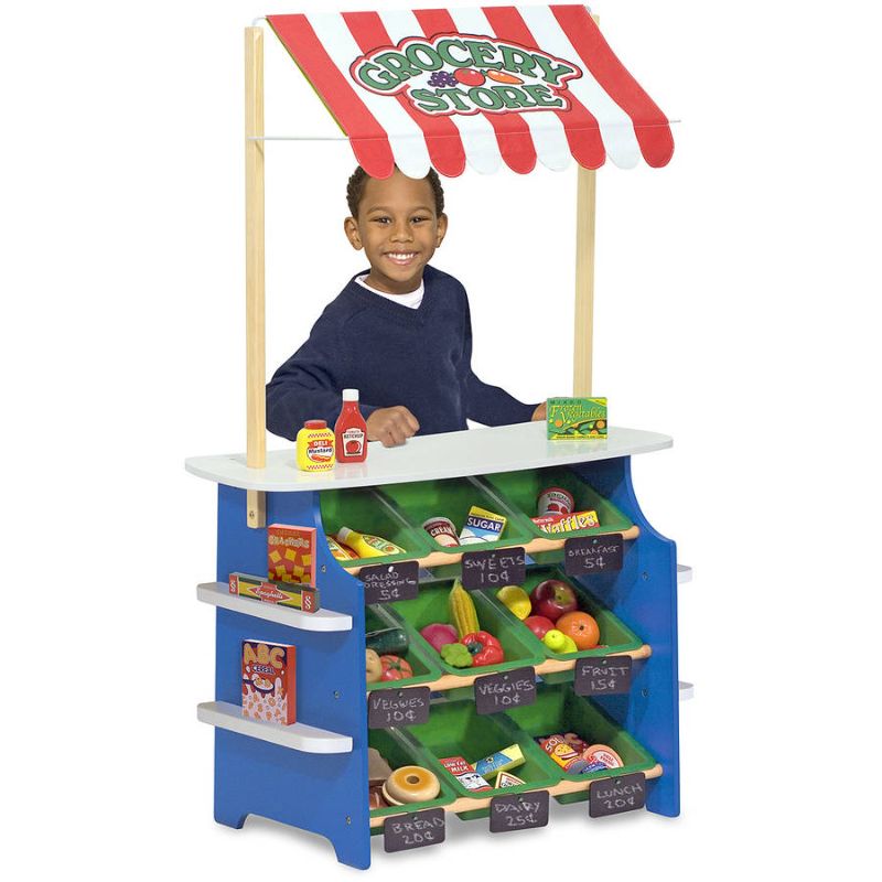 Photo 1 of Melissa & Doug Wooden Grocery Store and Lemonade Stand - Reversible Awning 9 Bins Chalkboards
