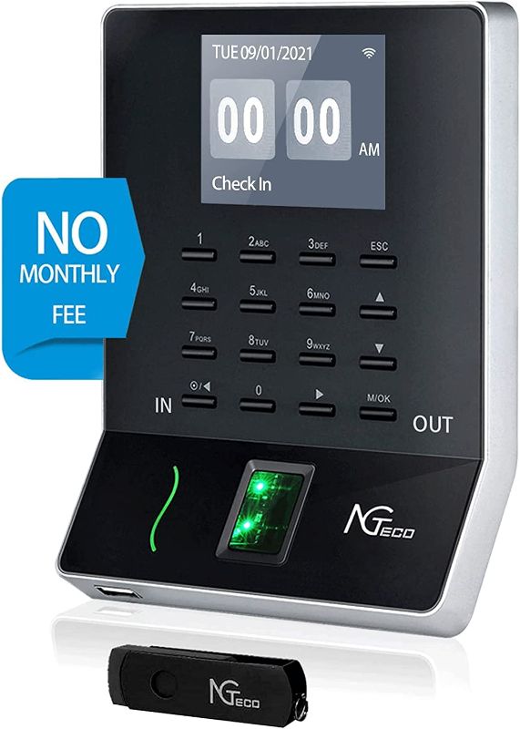 Photo 1 of Time Clock, NGTeco Time Card Machine, W2 Fingerprint Time Clocks for Employees Small Business Automatic in and Out, LAN WiFi Punch Card Attendance with App for iOS/Android (0 Monthly Fees)
