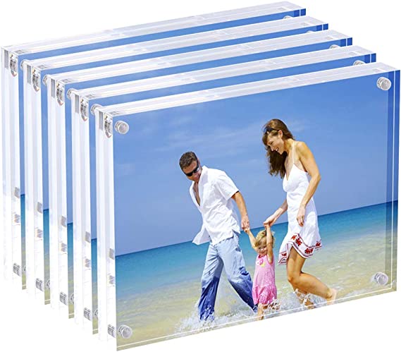 Photo 1 of Acrylic Picture Frames, 4x6'' Clear Double Sided Block Set, Desktop Frameless Magnetic Photo Frame (5 Pack)
