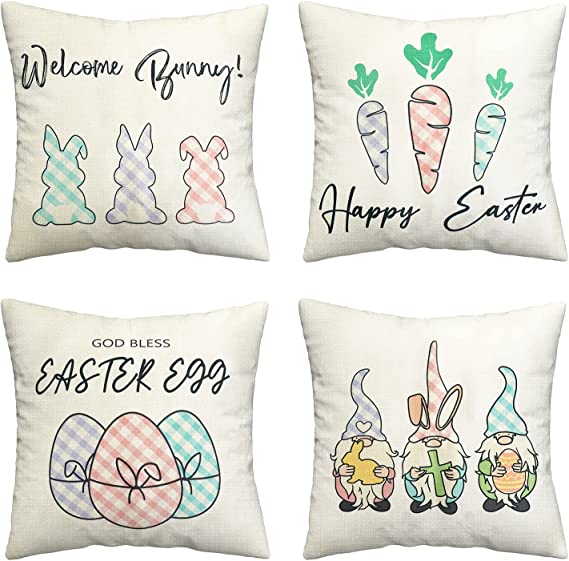 Photo 1 of Yakuyir Easter Throw Pillow Covers 18x18 Set of 4 Linen Spring Pillow case Happy Easter Rabbit Bunny Eggs Carrots Gnomes Decor for Home Cushion Farmhouse Outdoor Accent Sofa Couch Decorations
