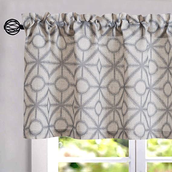 Photo 1 of Curtain Valances for Windows 16 inch Length Printed Valance Kitchen Window Geometric Design Linen Textured Valance Curtains, 1 Panel, Blue on Flax
