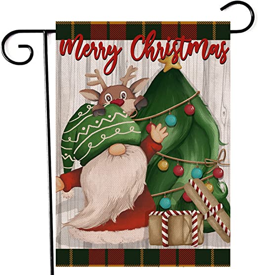 Photo 1 of Artofy Merry Christmas Santa Gnome Home Decorative Garden Flag, Xmas Tree Gift House Yard Reindeer Tomte String Light Outside Decor, Winter Farmhouse Outdoor Small Burlap Decoration Double Sided 12x18
