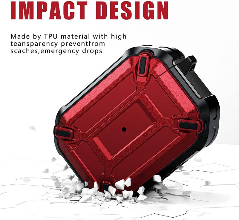 Photo 2 of Full Protective Case Cover for Airpods Pro, SCOOL Dual Layer Dust Guard Outer Hard PC Case Shockproof Silicone Skin for Apple Airpods Charging Case Accessory with Key-Ring Holder -Red
