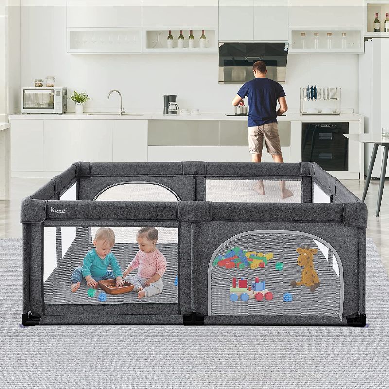 Photo 1 of Playpen for Baby, Yacul Extra Large Playard with Anti-Slip Base, A Safety Home Indoor Play Center for Toddlers (Dark Gray)
