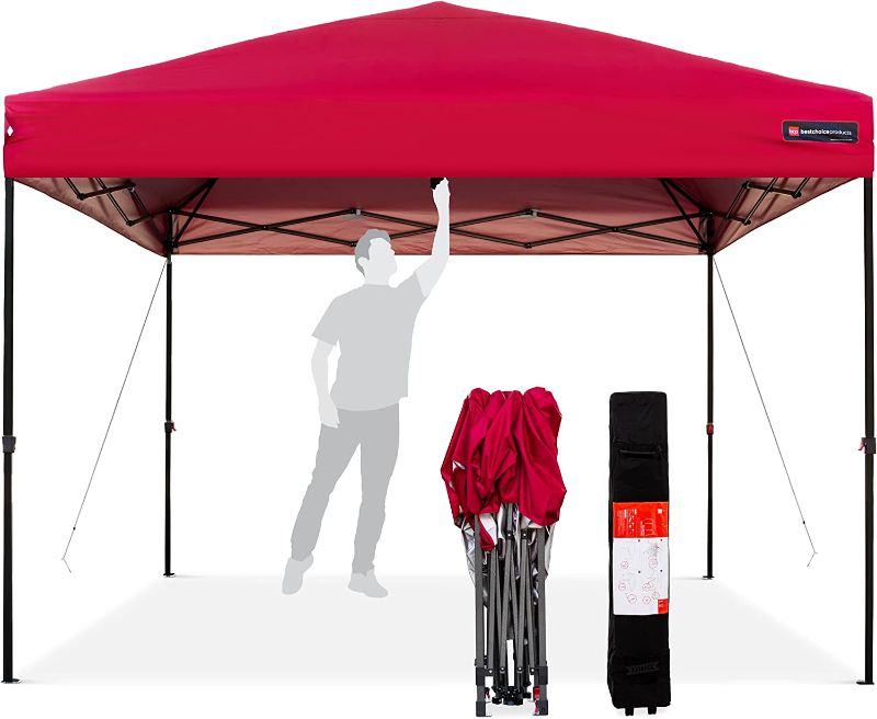Photo 1 of Best Choice Products 10x10ft 1-Person Setup Pop Up Canopy Tent Instant Portable Shelter w/ 1-Button Push, Straight Legs, Wheeled Carry Case, Stakes - Red
