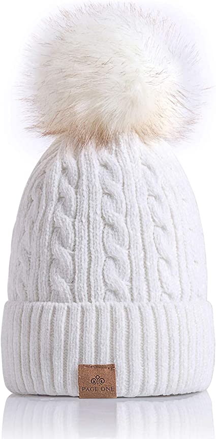 Photo 2 of PAGE ONE Women Winter Pom Pom Beanie Hats Warm Fleece Lined,Chunky Trendy Cute Chenille Knit Twist Cap
