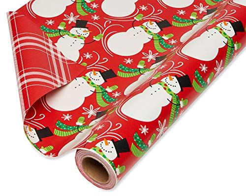 Photo 1 of American Greetings Reversible Christmas Wrapping Paper Jumbo Roll, Snowmen & Plaid (1 Pack, 175 Sq. Ft.)
