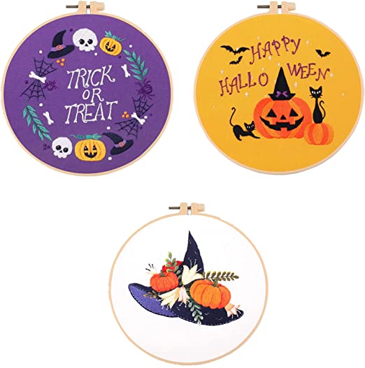 Photo 1 of 3 Sets Beginner Embroidery Kit, Halloween Cross Stitch Kits with Renderings and Instructions, Pumpkin Skull bat Pattern DIY Needlepoint Kit for Adults Kids (Trick or Treat)