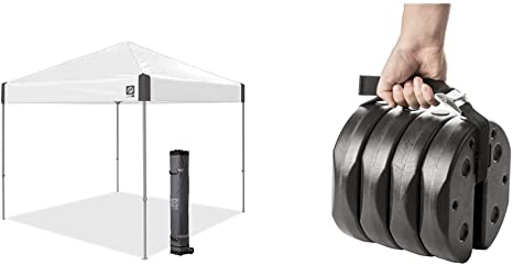 Photo 1 of 10' x 10', Roller Bag and 4 Piece Spike Set, White Slate Instant Tent Shelter Canopy & US Weight Deluxe Eco-Canopy Weights with Carry Strap – 40 lb., 40 lb. Black