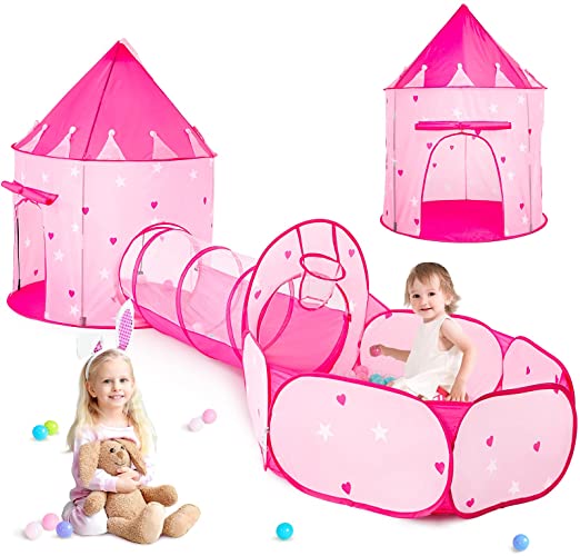 Photo 1 of 3pc Kids Play Tents for Girls with Ball Pit and Play Tunnel, Princess Tent for Kids, Pop Up Crawling Baby Toys for Girl, Kids Playhouse for Indoor Outdoor (Pink)
