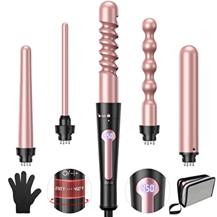 Photo 1 of USHOW Curling Iron, 5 in 1 Curling Wand Set, Instant Heat Up Hair Curler with 5 Interchangeable Tourmaline Ceramic Barrels (0.35" to 1.25"), LCD Heat Display, 12 Adjustable Temperature, Include Glove
