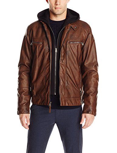 Photo 1 of Calvin Klein Men's Faux Lamb Leather Moto Jacket with Removable Hood and Bib
SIZE XL